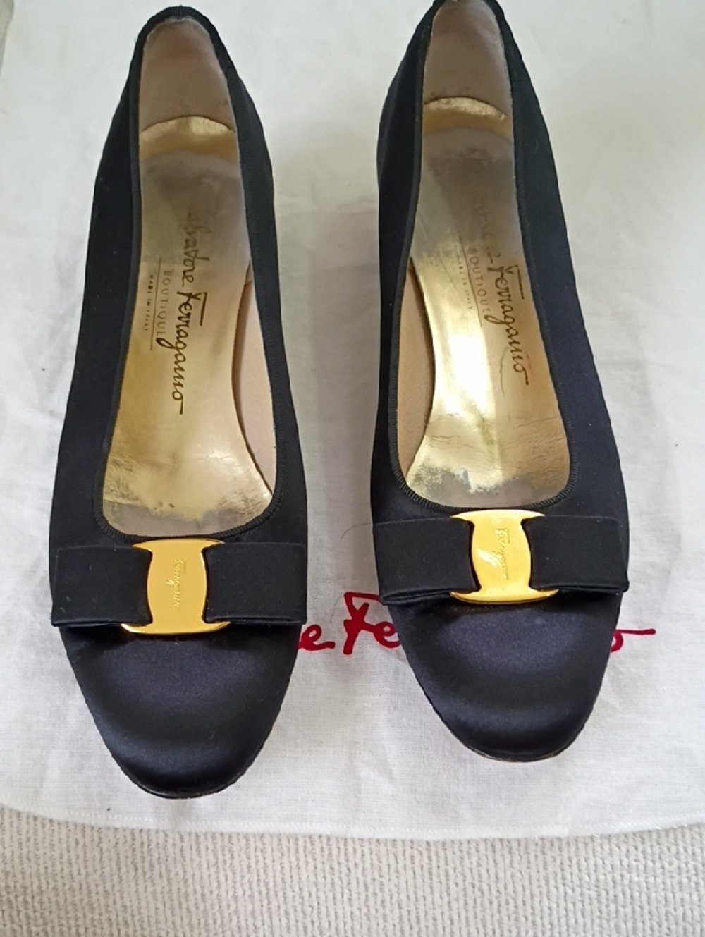Salvatore Ferragamo Black Pumps with Gold Vara Buckle Satin